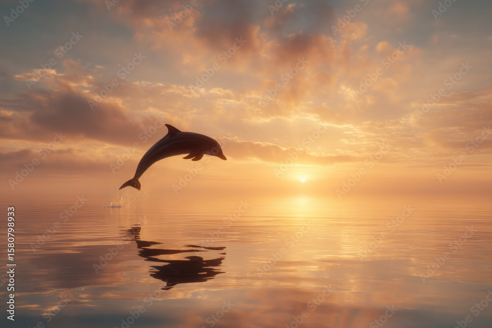 Fototapeta premium A dolphin leaps from the ocean at sunset, its form silhouetted against the golden, cloudy sky.