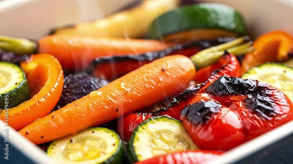 Roasted vegetable tray fresh out of oven with steam and caramelized edges