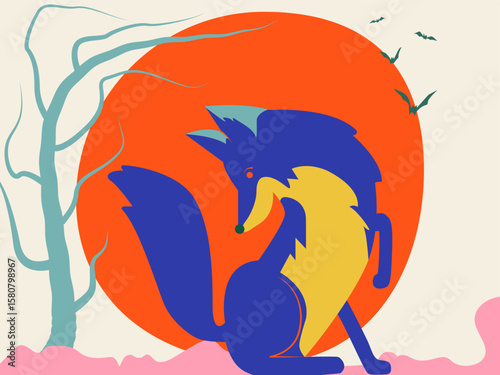 Illustration of a blue wolf relaxing on a mountain at sunset in Matisse style