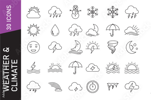 Minimal weather and climate icon pack with 30 black outline symbols for seasonal and atmospheric conditions