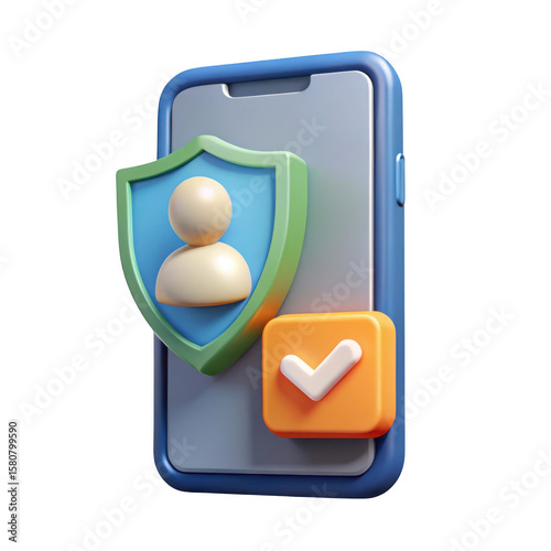 3d smartphone icon with user protection shield and check mark isolated on transparent background