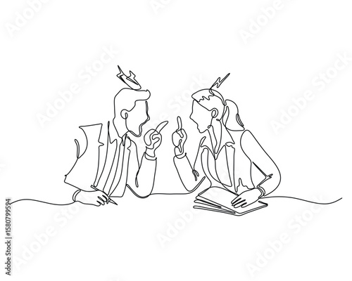 Continuous line drawing of a man and woman angrily arguing across a desk with documents. Concept of workplace disagreement, conflict between colleagues, and heated professional discussion