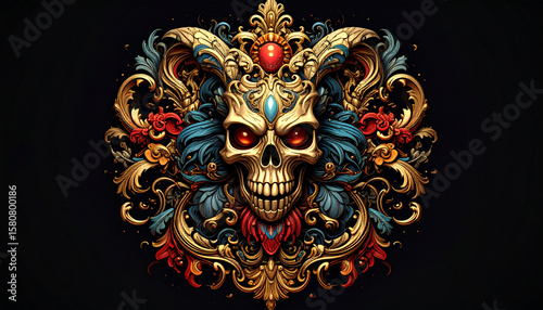 Intricate golden skull with glowing red eyes surrounded by baroque floral elements in blue, red, and gold against a black background.