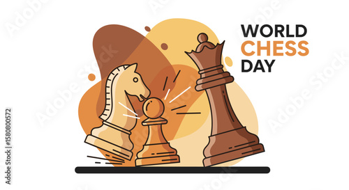 An artistic illustration celebrates World Chess Day with a knight, pawn, and queen, showcasing strategic gameplay and a competitive spirit against a stylized backdrop.