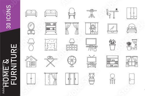 Clean black outline icon set of 30 household items and modern furniture pieces for home interiors