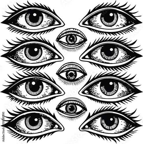 Vector illustration set of human eyes with eyelashes and eyebrows for beauty and fashion design