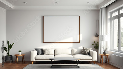 Blank mock up poster frame in modern interior background living room Scandinavian style 3D render 3D