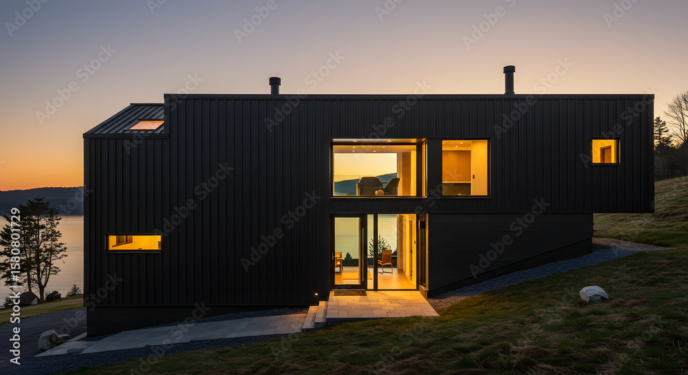 Obraz premium Modern Black House with Vertical Panels