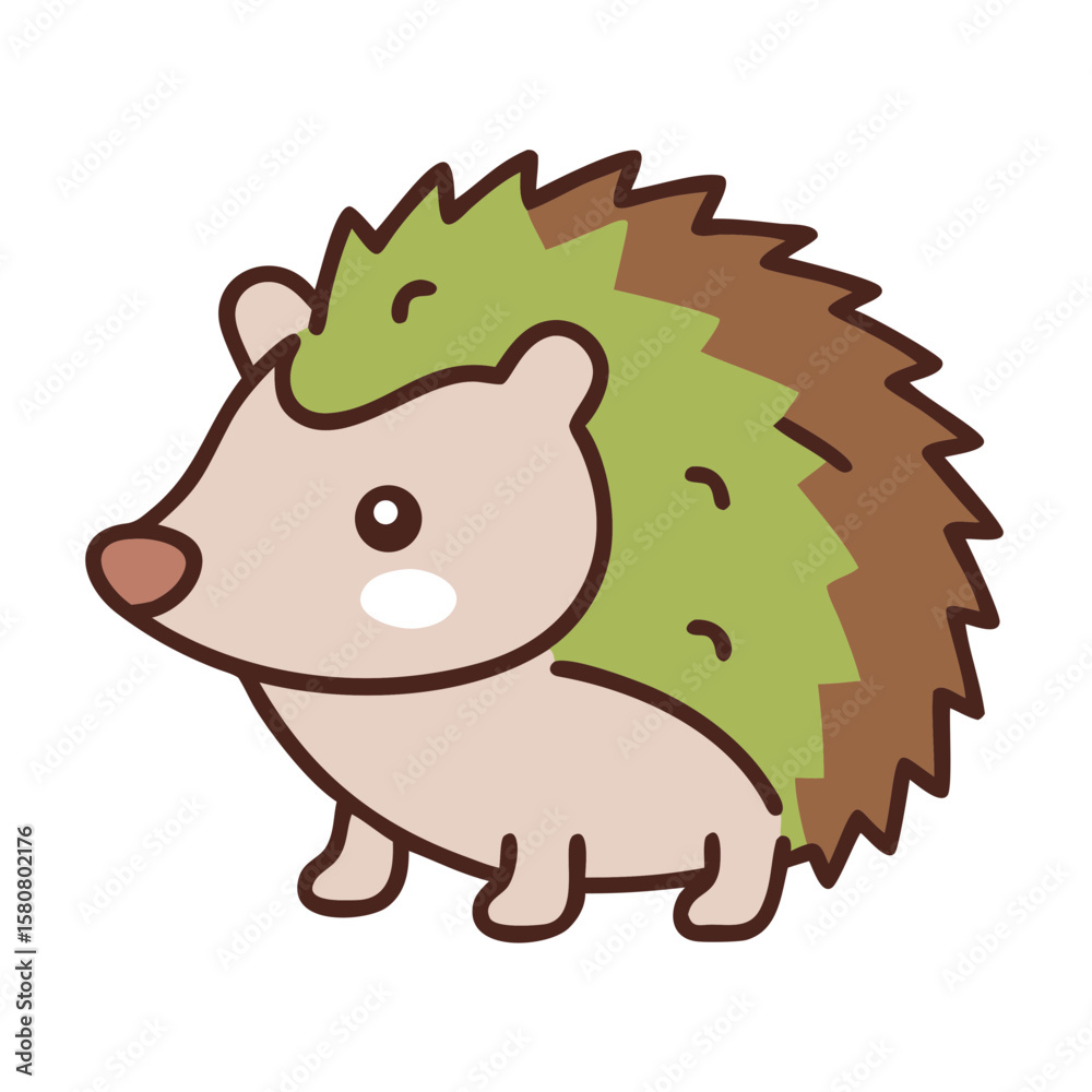 Fototapeta premium Cute cartoon hedgehog with green and brown spikes standing sideways 