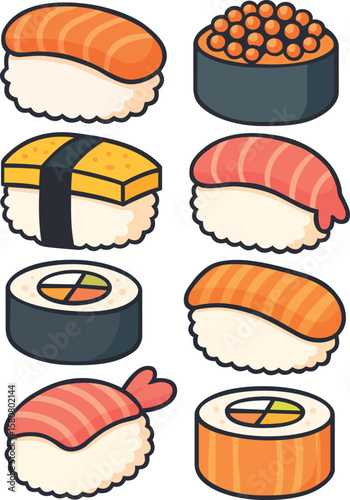Sushi rice fish seafood Japanese cuisine illustration cartoon colorful delicious traditional snack meal fresh raw nigiri maki roll egg roe salmon