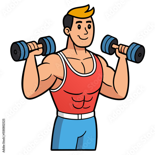 Muscular man performing bicep curls with dumbbells isolated on white background