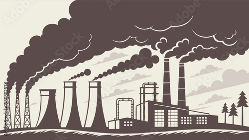 Industrial pollution factory emissions with smoke stacks and environmental impact illustration vector design