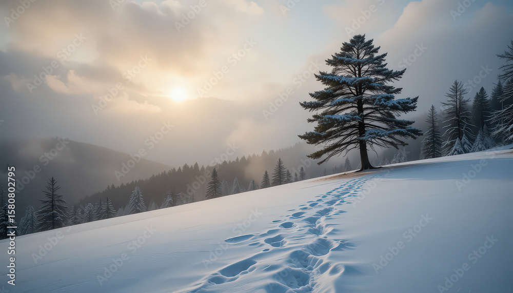 serene winter landscape featuring lone pine tree on snow covered hill, with footprints leading toward it. soft sunlight filters through mist, creating tranquil and dreamy atmosphere. serene winter landscape featuring lone pine tree on snow covered hill, with footprints leading toward it. soft sunlight filters through mist, creating tranquil and dreamy atmosphere.