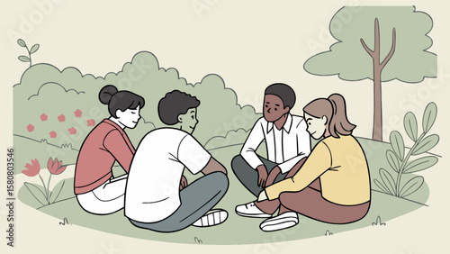 Illustration of diverse friends group meeting in park for discussion and communication outdoors together