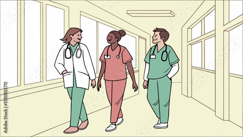 Medical team doctors nurses healthcare professionals walking in hospital hallway discussing cases and patients