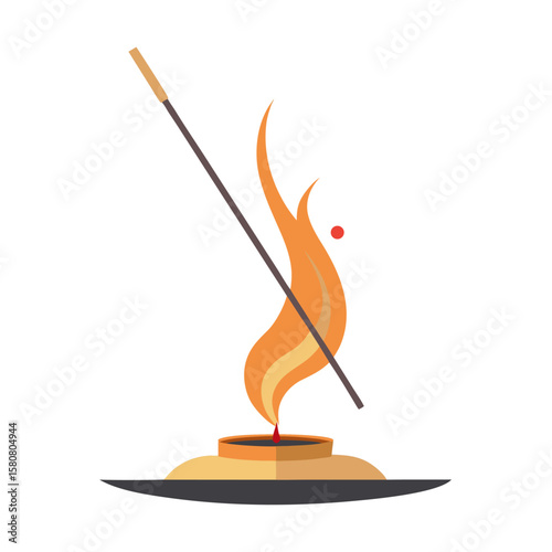 Minimalist vector illustration of a burning incense stick in a holder isolated on white background