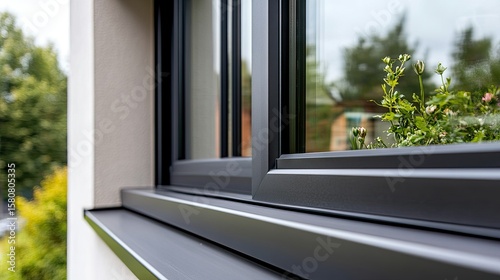 Close-up view of a black-framed aluminium window, emphasizing its clean lines and contemporary look