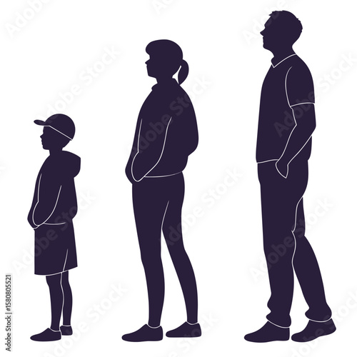 Three Dark Purple Human Silhouettes Line Art Family