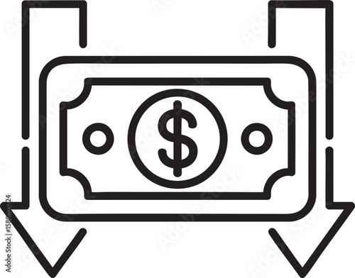 Decrease in Revenue Stream Icon Vector Illustration Showing a Falling Cash Flow with Downward Arrows, Representing Financial Loss and Economic Downturn in Business