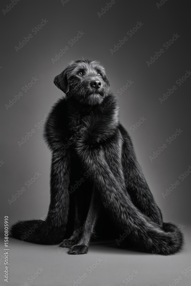 A noble dog, draped in faux fur, gazes upward with curiosity against a simple studio backdrop. A noble dog, draped in faux fur, gazes upward with curiosity against a simple studio backdrop.