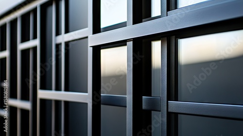 Close-up view of black metal window frames with geometric lines and a modern appeal