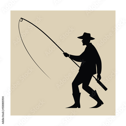 Old School Fisherman Icon with Rod and Boat Scene