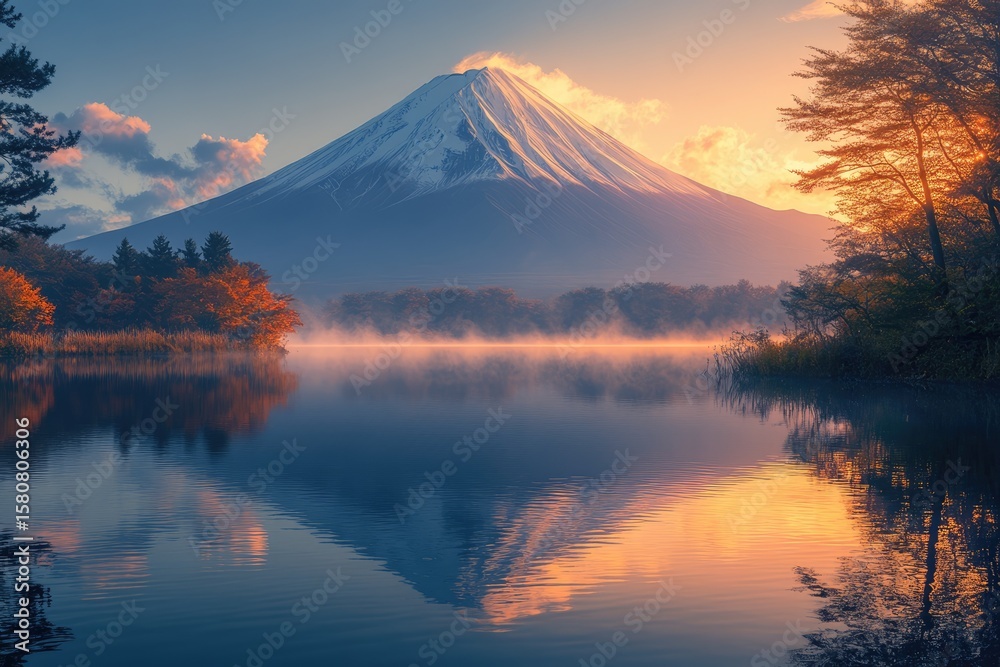Fototapeta premium 1 photo of Mount Fuji with sunset light 8K resolution, high detail, surreal, cinematic light, soft focus, professional photography style