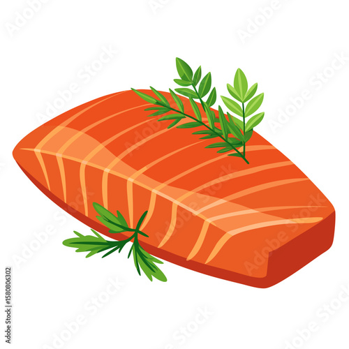 Delicious grilled salmon fillet with fresh herbs presented isolated on white background