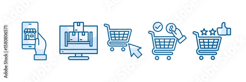 Online Shopping Icon Set Multiple Style Collection, Containing design E-Commerce, Digital Storefront, Cart Checkout, Shopping Experience
