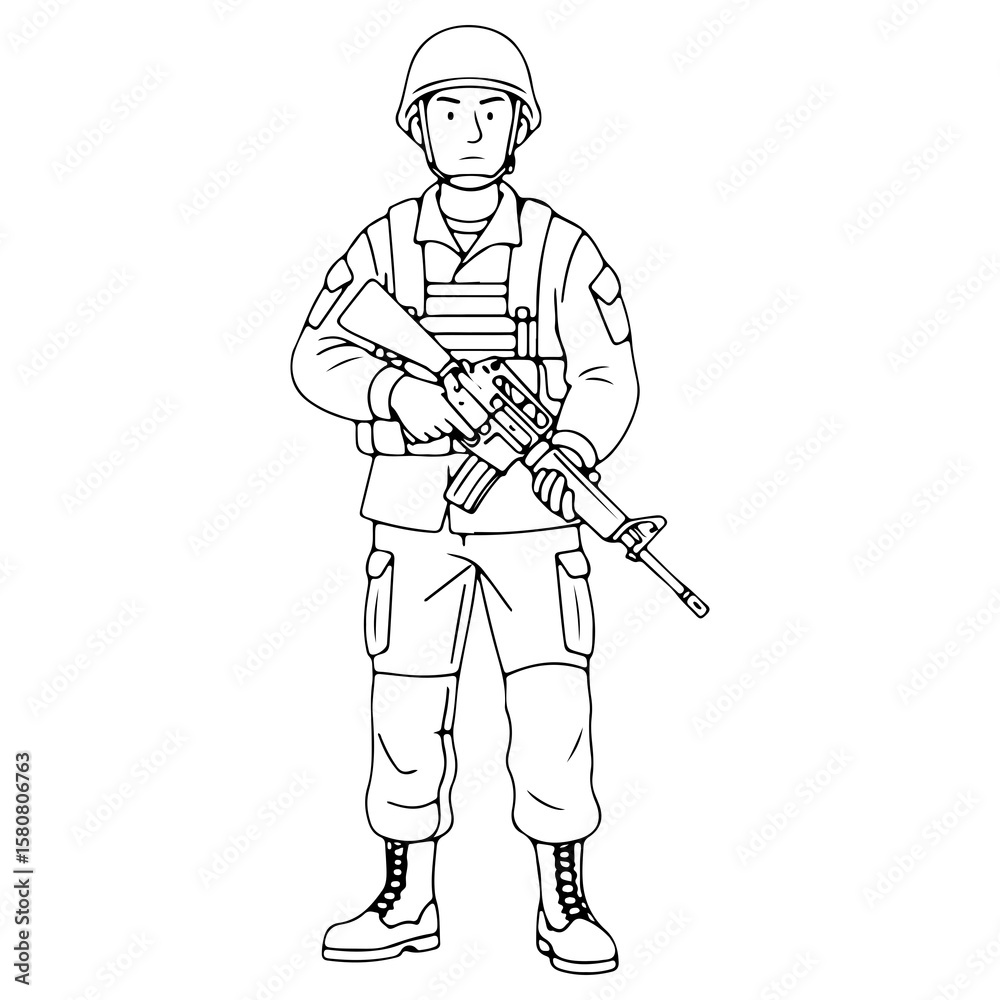 A brave soldier in uniform and helmet holding a rifle A military character illustration in black and white line art for a coloring book Vector drawing of a serviceman A brave soldier in uniform and helmet holding a rifle A military character illustration in black and white line art for a coloring book Vector drawing of a serviceman
