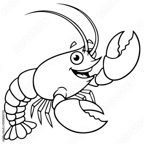 A cheerful cartoon lobster or crayfish with large claws A cute sea crustacean with black and white line art for a kids coloring book page Vector illustration