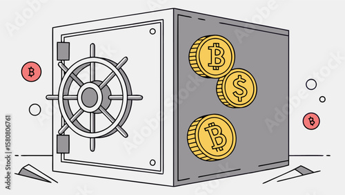 Bitcoin and dollar coins in a safe deposit box for secure crypto currency and investment storage vault