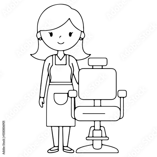 A female hairdresser or beautician standing next to a salon chair Professional woman character in black and white outline for a kids coloring book Vector drawing