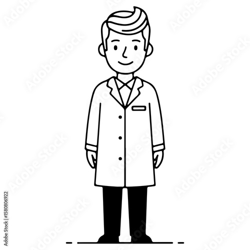 A man in a lab coat who could be a doctor or scientist Standing character design in black and white outline for a coloring book or medical and science concepts