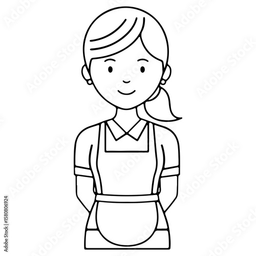 A friendly woman wearing an apron could be a waitress maid or shop assistant Black and white outline character illustration for coloring book and service industry