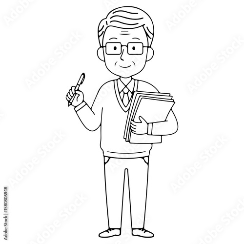 A male teacher or professor holding books and a pen School and education character concept in black and white line art for a coloring book or learning materials