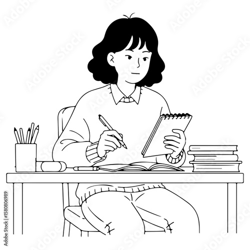 A woman writer or student sitting at a desk and writing in a notebook Black and white outline character for coloring books or education and literature concepts