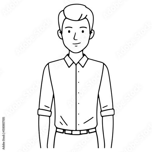 A half body portrait of a young man in a casual collared shirt A friendly male character in black and white line art for coloring books or various concepts