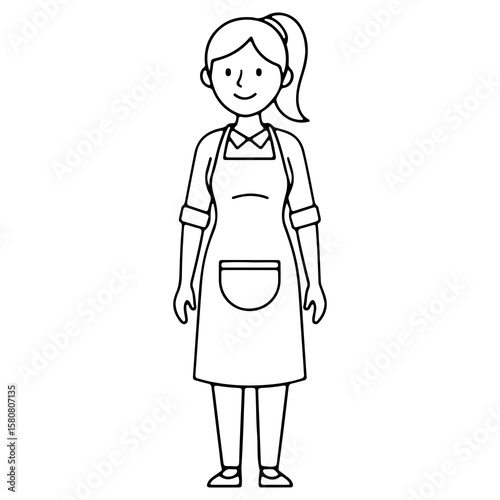 A friendly woman with a ponytail wearing an apron could be a waitress or shopkeeper A service industry character in black and white outline for a coloring book