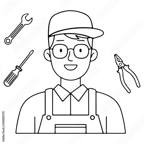 A portrait of a friendly mechanic or repairman in overalls with tools around him A professional worker character in black and white outline for a coloring book