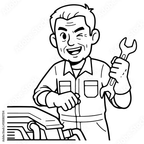 An experienced mechanic working on a car engine holding a wrench and winking A friendly repairman character in black and white line art for a coloring book