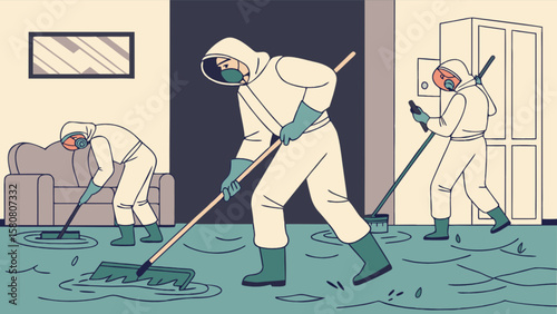 Water damage restoration flood cleanup service team cleaning flooded home after disaster emergency situation