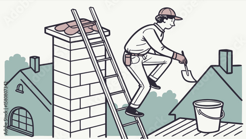 Chimney sweep cleaning service professional climbing ladder for maintenance and repair work on rooftop home