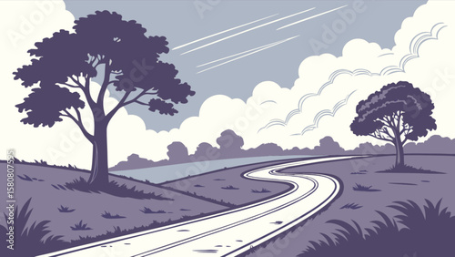 Country road landscape drawing with trees and clouds vector illustration scenic route design element