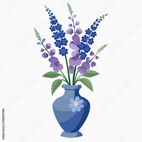 Elegant vase with tall blooming delphiniums on a clean white background