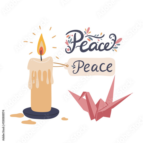 Candle and Origami Crane with ‘Peace’ Label Flat Icon