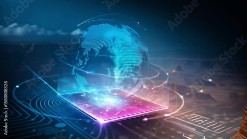 Glowing transparent globe over circuit board canyon. Futuristic tech and nature fusion. Digital artwork of global data network.