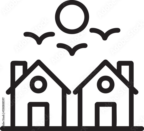 Suburban Living Icon A Depiction of Two Houses Under the Sun with Birds Flying Above on a Transparent Canvas Representing Community and Serenity