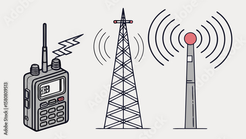 Radio communication devices: portable radio, cell tower, and broadcast tower illustration for telecom