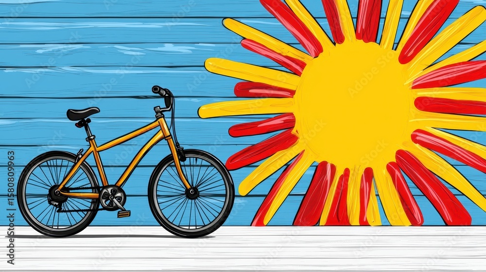 Fototapeta premium Tan Bicycle by Stylized Sun on Blue Wood Wall